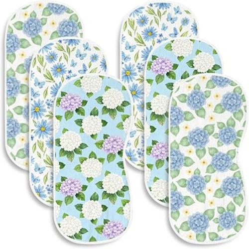 6 Pack Baby Burp Cloths for Girls Boys,Hydrangea Large Cotton Burp Rags with Blue Floral Pattern for Newborns Gifts Nursery Decor Extra Soft and Absorbent 20x10inches