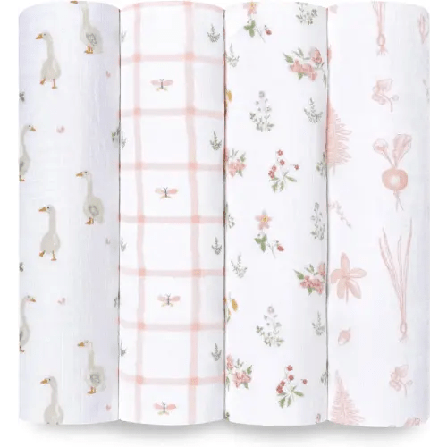 aden + anais Essentials Baby Muslin Swaddle Blankets, Newborn Receiving Blanket for Swaddling, 100% Cotton Baby Swaddle Wrap, 4 Pack, Country Floral
