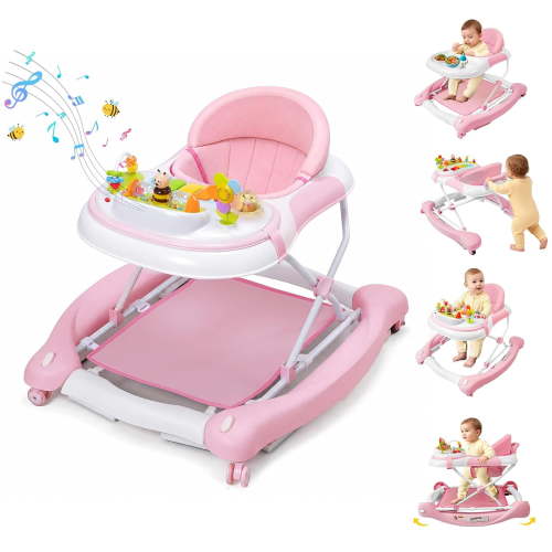 5 in 1 Baby Walker (Walk,Jumper,Rocking,Push,Bouncer) for Boys Girls,Foldable,Music & Light,Height Adjustable,Wheels for Infant Babies,Pink