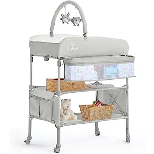 BabyBond Portable Baby Changing Table, Foldable Changing Table Dresser Waterproof Diaper Changing Table Height Adjustable Changing Station for Infant and Newborn(Beige)