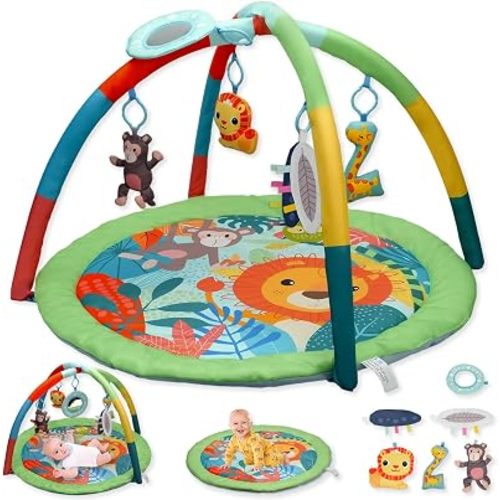 Baby Play Mat with Activity Gym, Infant Floor Mat with Hanging Toys, Colorful Animal Design for Newborn Development and Tummy Time (Jungle Safari)