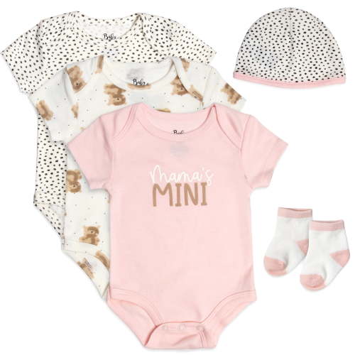 Baby Essentials Baby Girls 9 Months Mama’s Mini 5 Piece Bodysuit Set Containing 3 Short Sleeve Bodysuits, 1 Cap & Pair of Socks