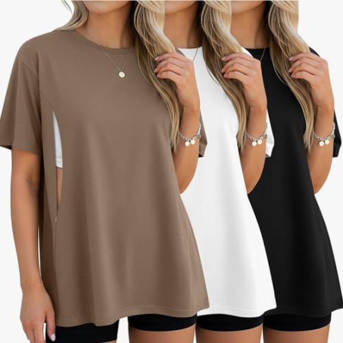 3 Pack Women's Oversize Nursing Breastfeeding Shirts Hidden Zipper Short Sleeve Loose Fit Maternity Tops