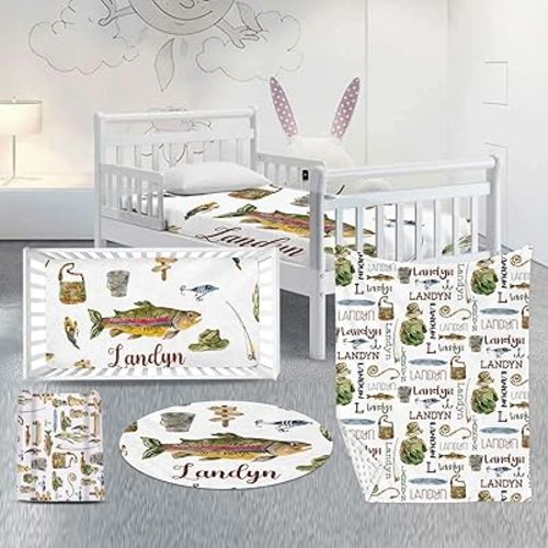 Personalized Baby Crib Bedding Set, Fishing Theme Custom Name Nursery Bed Set 4 Piece - Soft Blanket, Fitted Sheet, Diaper Pad Cover, Room Rug – Ideal Room Decor Gift for Newborn Boys Girls