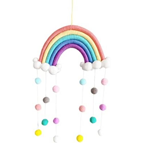Macrame Rainbow Wall Hanging Decor Pom Pom Garland Colorful Ball for Kids Room Girls Bedroom Baby Shower Nursery Decorations Kids Room Wall Decor for Bedroom Playroom Classroom