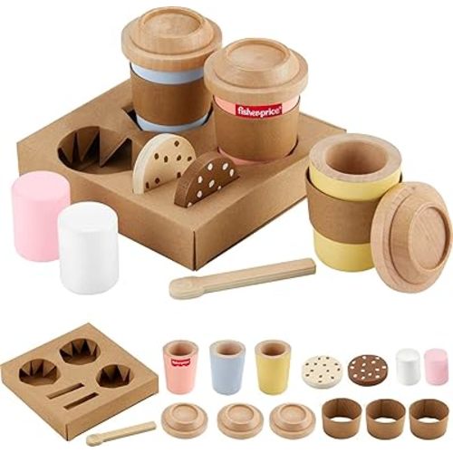 Fisher-Price Wood Pretend Play Toy Coffee to Go Café Set, 15-Piece Wooden Playset with Cups & Food for Preschool Kids Ages 3+ Years ​