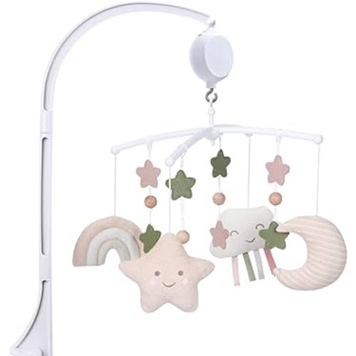 Crib Mobile 35 Lullaby Muisc, Organic Cotton Baby Mobiles for Cribs & Pack N Play, Easy to Install, Stuffed Animals Hanging Toys Newborn Boys & Girls, Star Nursery Decor