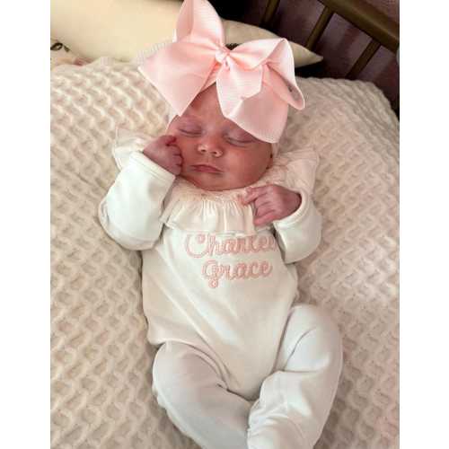 Smocked Roses Romper Coming home, Luxury footie embroidery details, hospital outfit, gift,100% Pima, sleeper, ruffles
