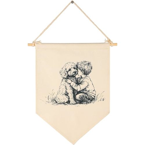 Golden Retriever and Boy-Canvas Banner Flag Pennant Poster Sign Wall Decor Gift for Boy Kid Nursery Baby Room Bedroom Playroom Door Farmhouse Country-Birthday Christmas Gift-15.6"x11"