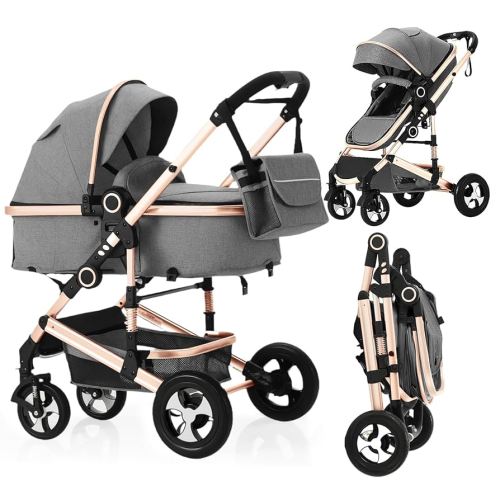 2 in 1 Baby Stroller, Convertible Pushchair Stroller w/Reversible Seat, Foldable Newborn Pram Carriage, Adjustable Canopy, Storage Basket, Diaper Bag & Cup Holder, 0-36 Months, Gold