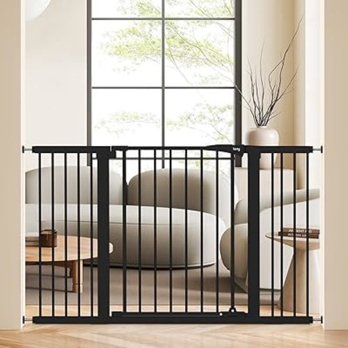 keny 29.7"-51.5" Extra Wide Baby Gate for Stairs, Easy Walk Thru Dog Gate with 21.1" Large Opening Door, Pressured Mounted No Drilling Pet Gate, 30" Tall, Black