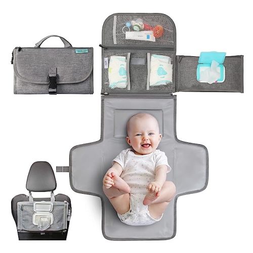Kopi Baby Portable Diaper Changing Pad - Baby Diaper Changer Travel Bag with Wipes Pocket, Smart Design Portable Changing Mat, Infant Travel Station Kit, Gift for Newborn Girl & Boy - Grey, Premium