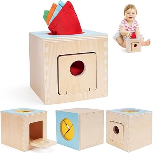 FCSONU Kids Toddler Toys, Montessori Baby Toys 0-6-12 Months, 1 Year Old Wooden Baby Tissue Box Toy for Educational Learning with Cloth Tissues, Boys & Girls Gifts for Birthday Christmas Children Day