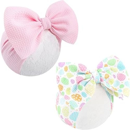 YanJie 7" Easter Headbands Pink Bows Egg Carrots Printed Nylon Hairbands Bunny Headband Cheer Bows Baby Girl Headbands Easter Hair Accessories Infant
