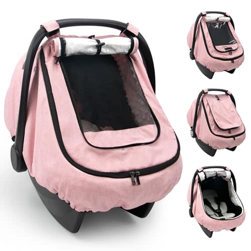 TinlyFinly Waterproof Car Seat Cover for Baby, 2-Layer Car Seat Rain Cover with Clear Window & Sunshade & Mesh Cover, Universal Infant Carseat Canopy for Stroller, Protect from Rain and Snow - Pink
