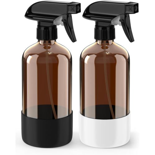 Glass Spray Bottle with Silicone Sleeve Protection, Amber Glass Spray Bottle Set for Window Cleaner Aromatherapy Facial Hydration Watering Flowers Hair Care 2 Pack/16 oz (Black & Brown)