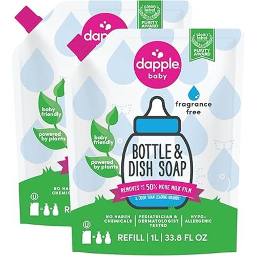 Dapple Baby Bottle Soap, Hypoallergenic Dish Soap for Baby Bottles, Powered by Plants, Fragrance Free, 34 Fl Oz (Pack of 2)