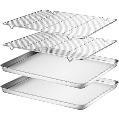 Wildone Baking Sheet & Rack Set [2 Sheets + 2 Racks], Stainless Steel Cookie Pan with Cooling Rack, Size 16 x 12 x 1 Inch, Non Toxic & Heavy Duty & Easy Clean
