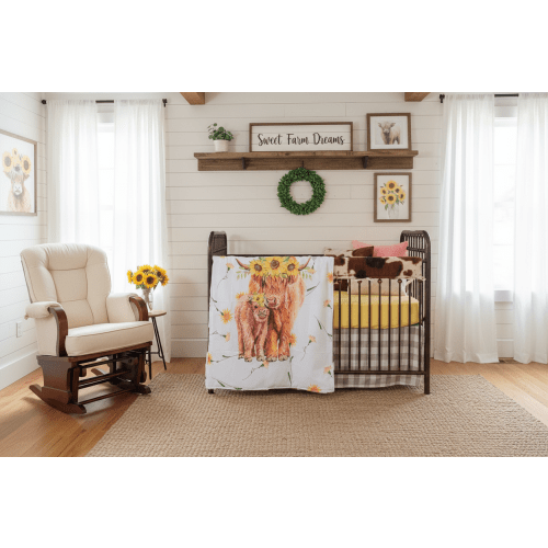 Sunflower Highland Cow Western Girl Crib Bedding | USA Made – DBC Baby Bedding Co
