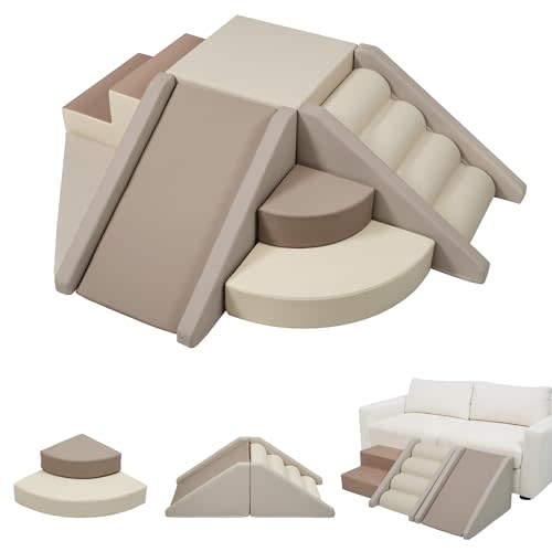 Merax Indoor Climbing Toys for Toddlers, 9-Piece Foam Climbing Blocks | Climb & Crawl Tunnel Soft Play Set (9-Piece Cappuccino)