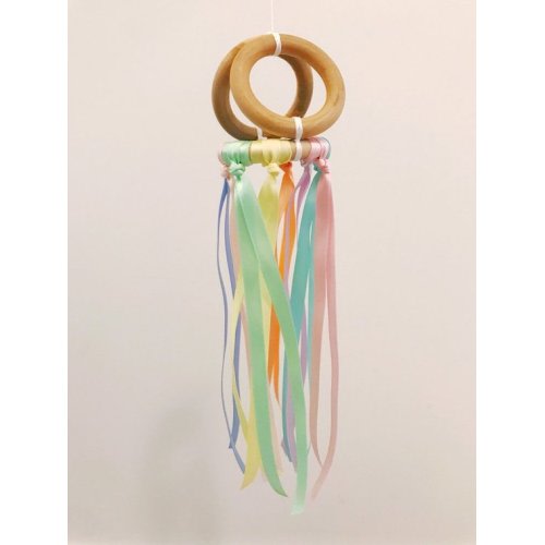 Wooden Mobile and Play Gym Baby Toy with Rainbow Ribbons. Finished with Organic Beeswax and Olive Oil Polish. Made by Eco Montessori
