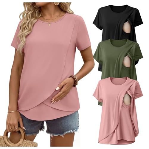 Ekouaer Nursing Shirts 3 Packs Short Sleeve Breastfeeding Tops Summer Maternity T Shirts Postpartum Double Layer Clothes
