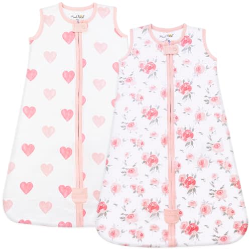Organic Cotton Baby Wearable Blanket 0.5 TOG Sleep Sack 0-6 Months 2-Pack | Breathable Lightweight Swaddle Transition Sleeveless Sleeping Bag with 2-Way Zipper, GOTS & OEKO-TEX Certified, Mama Cheetah