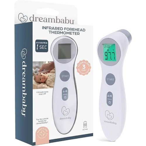 Dreambaby Infrared Forehead Thermometer - No Contact Digital Baby Thermometer for Infants, Kids & Adults - Color Fever Alert, Sound Alert, 10 Memory Recall & Batteries Included