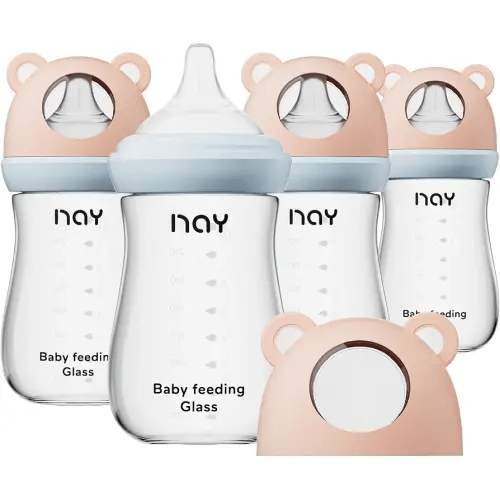 yanyoyo Natural Glass Baby Bottle for Breastfeeding Babies, 8oz Anti-Colic Baby Bottle with Natural Response Nipple(M), Clear, Wide Neck, 4 Pack, 3 Months+