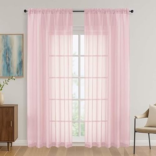 OVZME Blush Pink Sheer Curtains 84 Inches Long 2 Panels Set, Light Filtering Sheer Curtains for Living Room Bedroom 59 Inch Extra Wide, Modern Voile Filmy Rod Pocket Window Drapes, 59Wx84L Inches