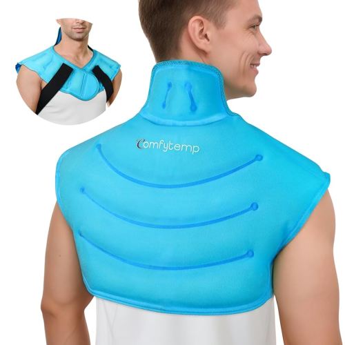 Comfytemp Large Ice Pack for Neck Shoulders Upper Back Pain Relief with Straps, Wearable Reusable Gel Ice Wrap with Cold Compression Therapy Recovery for Upper Back, Cervical (L)