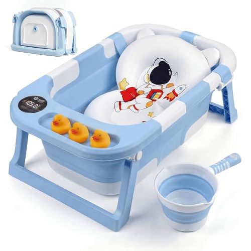 Collapsible Baby Bathtub for Newborn Infant Girl & Boy 0-24 Months, Foldable Portable Bathtub with Thermometer, Heat Sensor, Drain Plug, Water Scoop, Cushion Pillow, Compact Travel Bath Tub for Shower