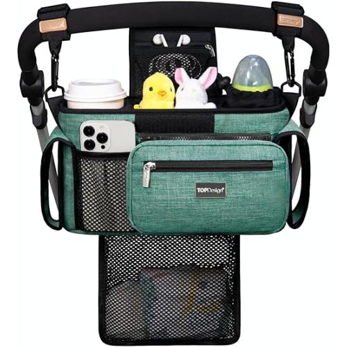 TOPDesign Universal Baby Stroller Organizer, Stroller Caddy with Detachable Mesh Bag & Heightened Insulated Cup Holders & Non-Slip Secure Hooks Accessories, Fits Most Strollers (Green)