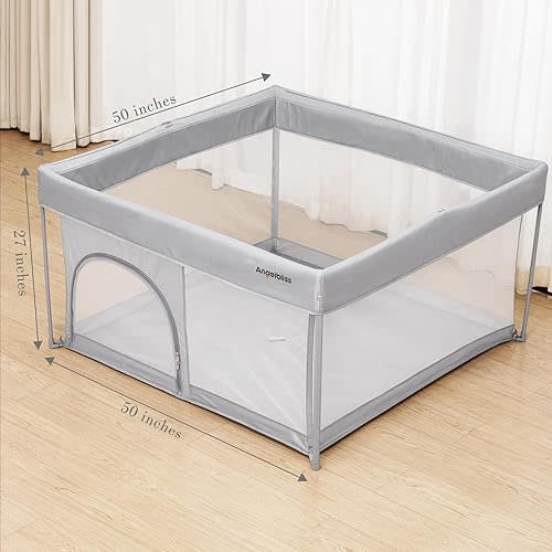 Foldable Baby Playpen 50"×50", Out-of-The-Box Ready Playpen for Babies and Toddlers, Portable Play Yard with Breathable Mesh & ASTM F406 Certified(Light Grey)