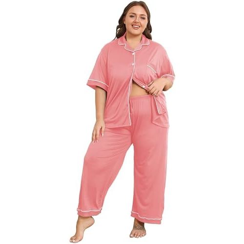 Women's Plus Size Pajamas Button Down Shirt and Pants Soft Lounge Sets Bride Nighty Bottom with Pockets 1x to 5x