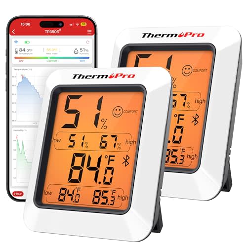 ThermoPro Hygrometer Thermometer for House TP350, Bluetooth Room Indoor Greenhouse Thermometer Monitor Up to 260FT, Backlit Humidity Meter Temperature Sensor with 2-Year Data Export, 2 Pack