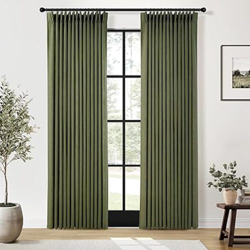Olive Green Pleated Linen Curtains 84 Inches Long for Living Dining Room Bedroom Light Filtering Boho Window Drapes 2 Panels with Hooks Rings Clips Sliding Glass Door Semi Sheer Curtain Pinch Pleat