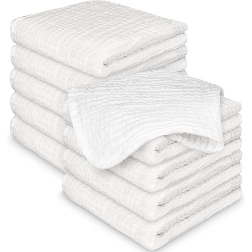 10-Pack Muslin Baby Washcloths – 12x12" (Soft White)