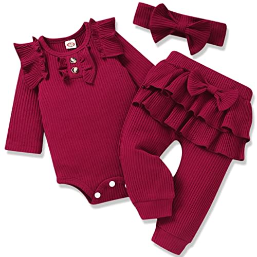 Aalizzwell Preemie Newborn Infant Baby Girls Clothes Ribbed Bodysuit Pants Set Fall Winter Outfits