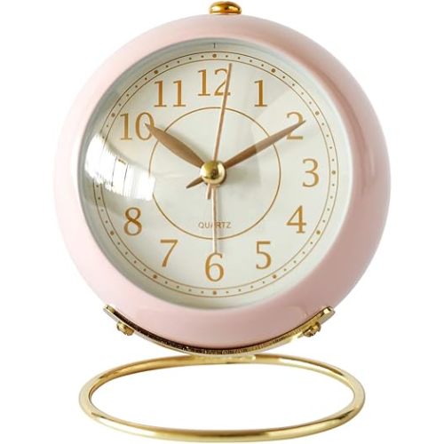 SHISEDECO Small Tableclocks Classic Non-Ticking Tabletop Alarm Clock with Backlight, Battery Operated Astronaut Deskclock with HD Glass for Living Room Bedroom Bedside Indoor Decor (Pink)