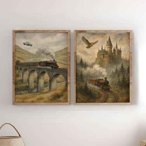 2 set of Printable Wall Art - Magical Places -  Watercolor Painting - Witch and Wizard Home Decor - Instant Download