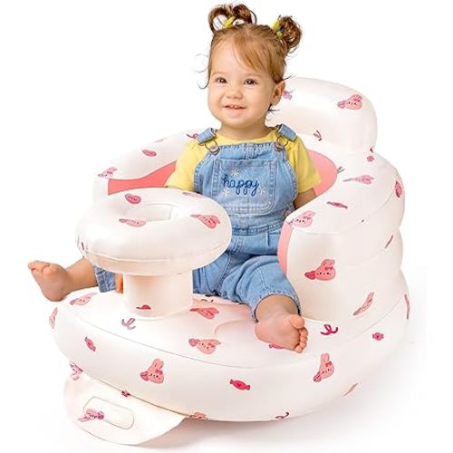 Inflatable Baby Seat for Babies 3-36 Months, Baby Chair with Tray & Built in Air Pump, Blow Up Floor Baby Seat with Back Support, Baby Chair Sit Me Up for Home, Travel (Bunny with Tray)