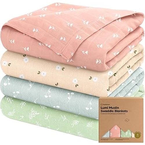 4-Pack Muslin Swaddle Blankets for Boys, Girls - Organic Baby Swaddles for Newborns, Soft & Breathable Receiving Baby Blankets for Girl, Boy, Neutral, Newborn Essentials Gift (Bloom)