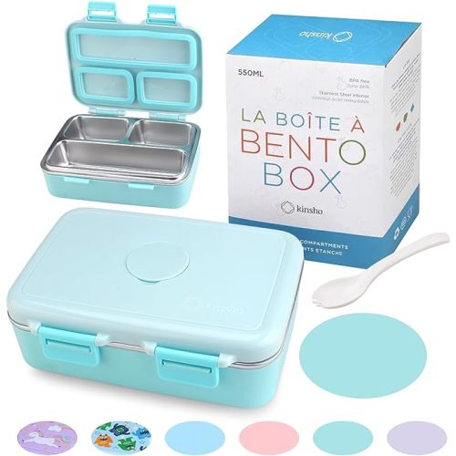 kinsho Stainless Steel Lunch Box for Baby or Toddlers Boys Girls, Insulated Mini Bento, 3 Eco Metal Portion Sections Leakproof Lid, Pre-School Daycare Lunches, Kids Spill-Proof Snack Container, Green - Mint Green