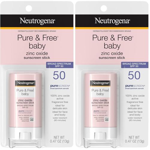 Neutrogena Pure & Free Baby Mineral Sunscreen Stick with Broad Spectrum SPF 50 & Zinc Oxide, Water-Resistant, Hypoallergenic, Paraben-, Dye- & PABA-Free Baby Face & Body Sunscreen, 0.47 oz (Pack of 2)