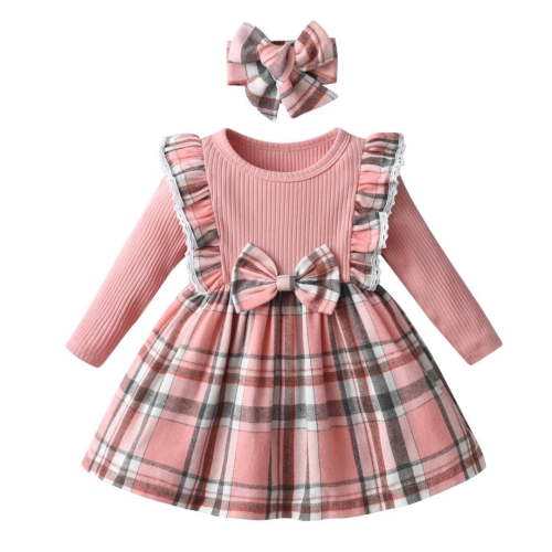 Baby Girl Clothes Ruffles Plaid Long Sleeve Dress with Bow Headband Fall Winter Outfit Pink 3-6 Months