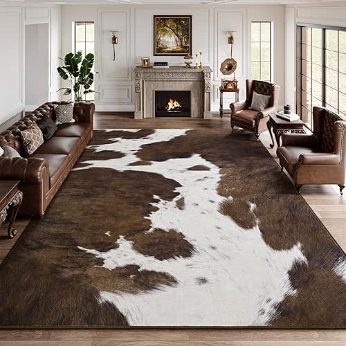 DweIke Cow Print Rugs for Living Room, 4x6 Soft Brown Faux Animal Cowhide Area Rug, Washable Non-Slip Stain Resistant Throw Carpet for Dining Room Office Western Home Decor