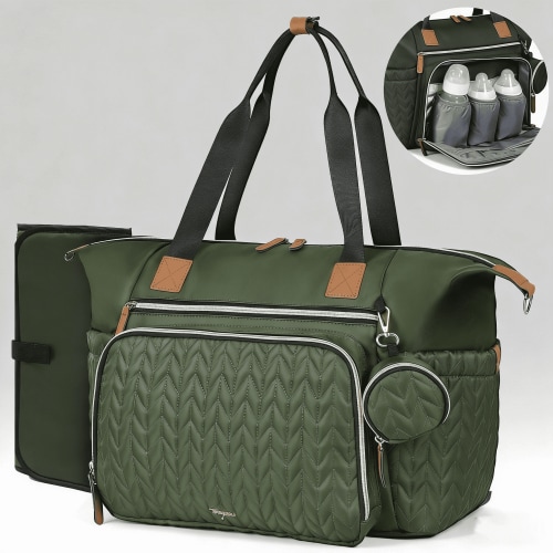 Lekebobor Large Diaper Bag Tote with Changing Pad & 16 Pockets, Quilted Waterproof Diaper Bag Travel Baby Bags for Mom and Dad, Dark Green