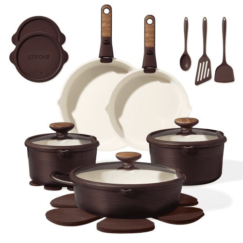 Carote 22 Pcs Ceramic Cookware Set, Induction Safe, Detachable Handles, Stackable, Oven Safe, Brown
