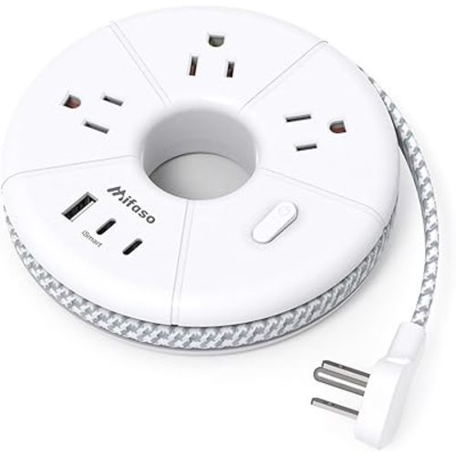 Flat Extension Cord, 5FT USB C Power Strip, Travel Power Strip - 3 AC 3 USB Ports (2 USB C) Desktop Charging Station, No Surge Protection for Cruise Ship Essentials, Dorm Room, Nightstand, Travel